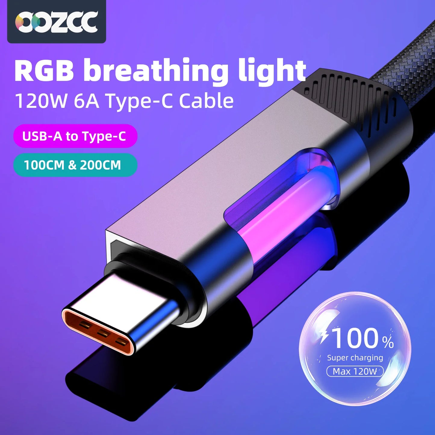 RGB Fast Charging Cable 120W 6A USB Type