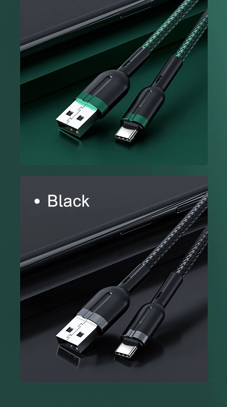 100W Smart Auto-Pow off Charging Cable USB C Braided Wire Fast Charging Cable With LED Breathing Light Durable & Safe Data Cable