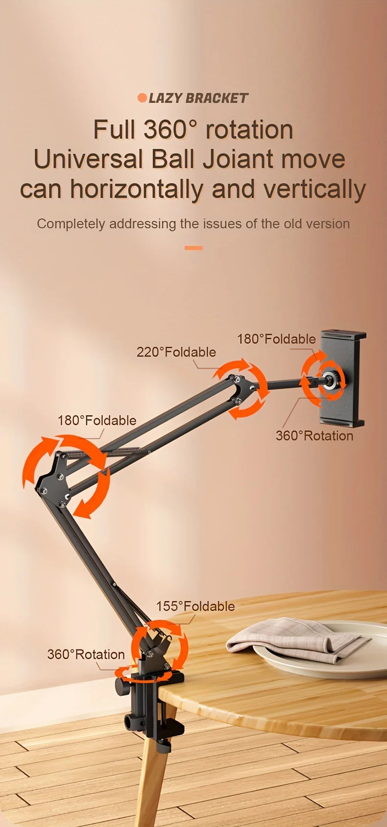 Adjustable Bed Tablet Holder Rotatable Long Arm 4.7-13"