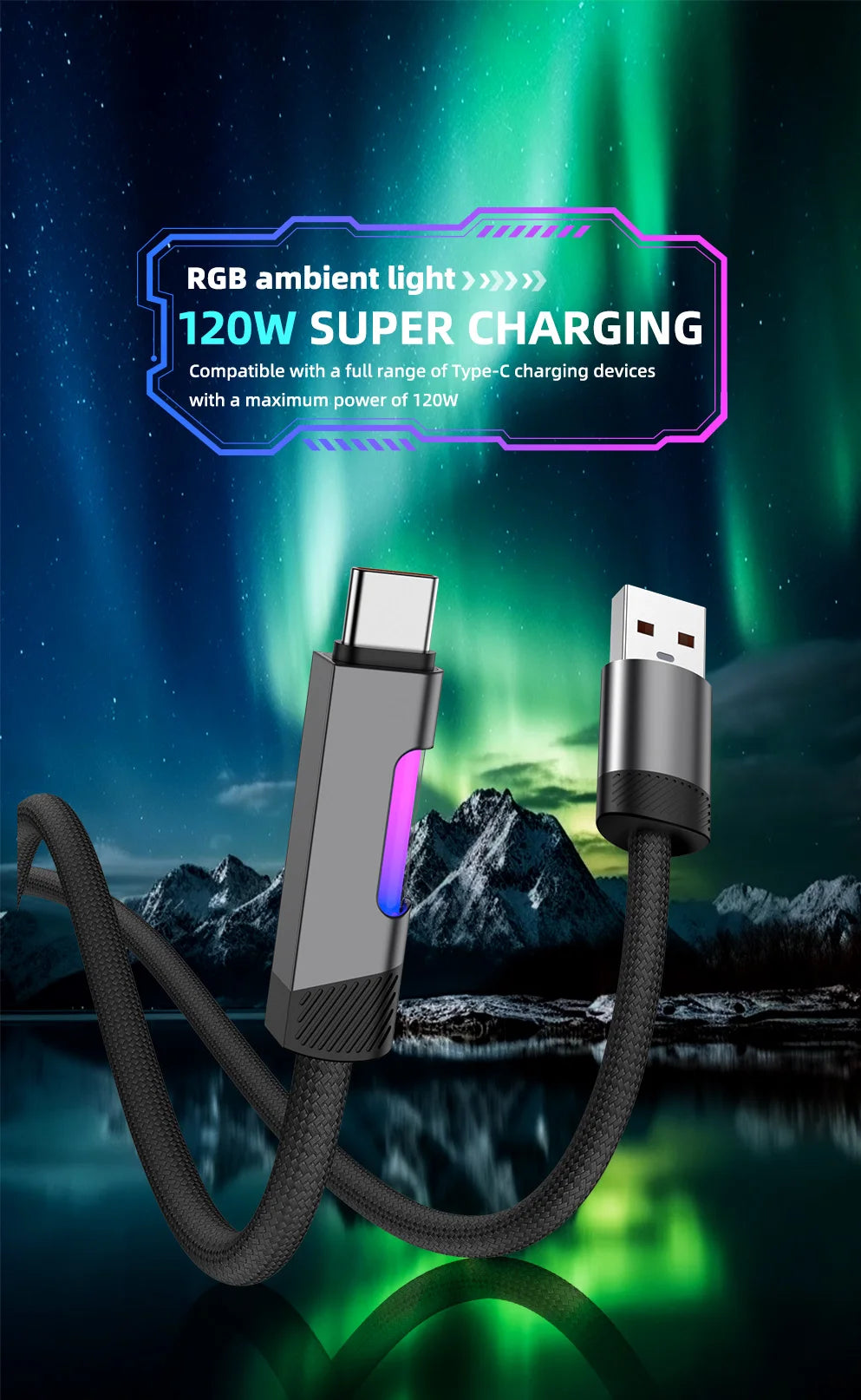 RGB Fast Charging Cable 120W 6A USB Type