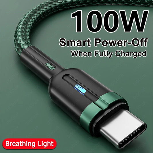 100W Smart Auto-Pow off Charging Cable USB C Braided Wire Fast Charging Cable With LED Breathing Light Durable & Safe Data Cable
