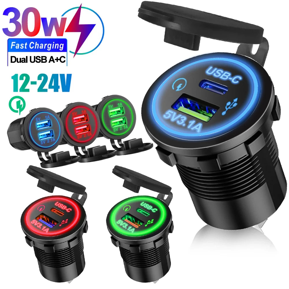 Universal Motorcycle Car Charger LED Light USB TYPE-C