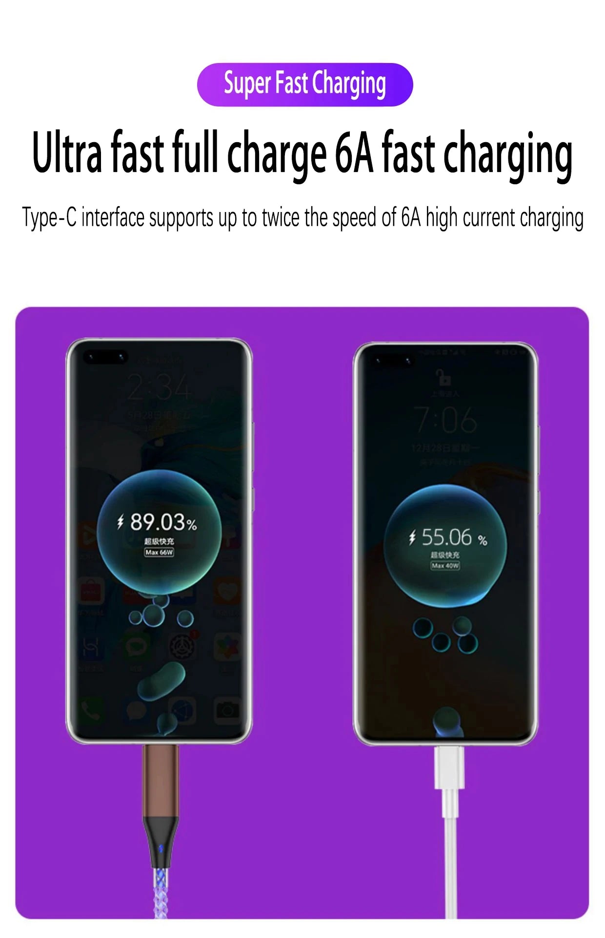 6A Super Fast Charging Colorful Light Data Cable