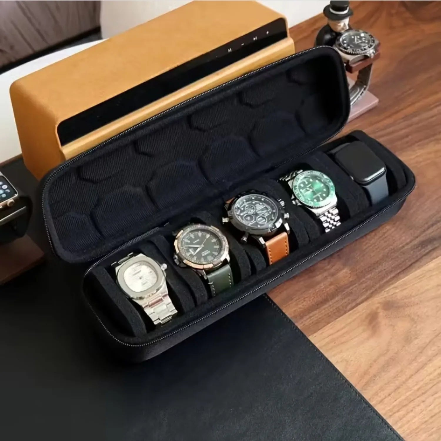 1pc 5-Slot Watch Case | Hard Shell Travel Organizer with Pillow Insert - Gift Ready (Black),suitable for smart watch storage
