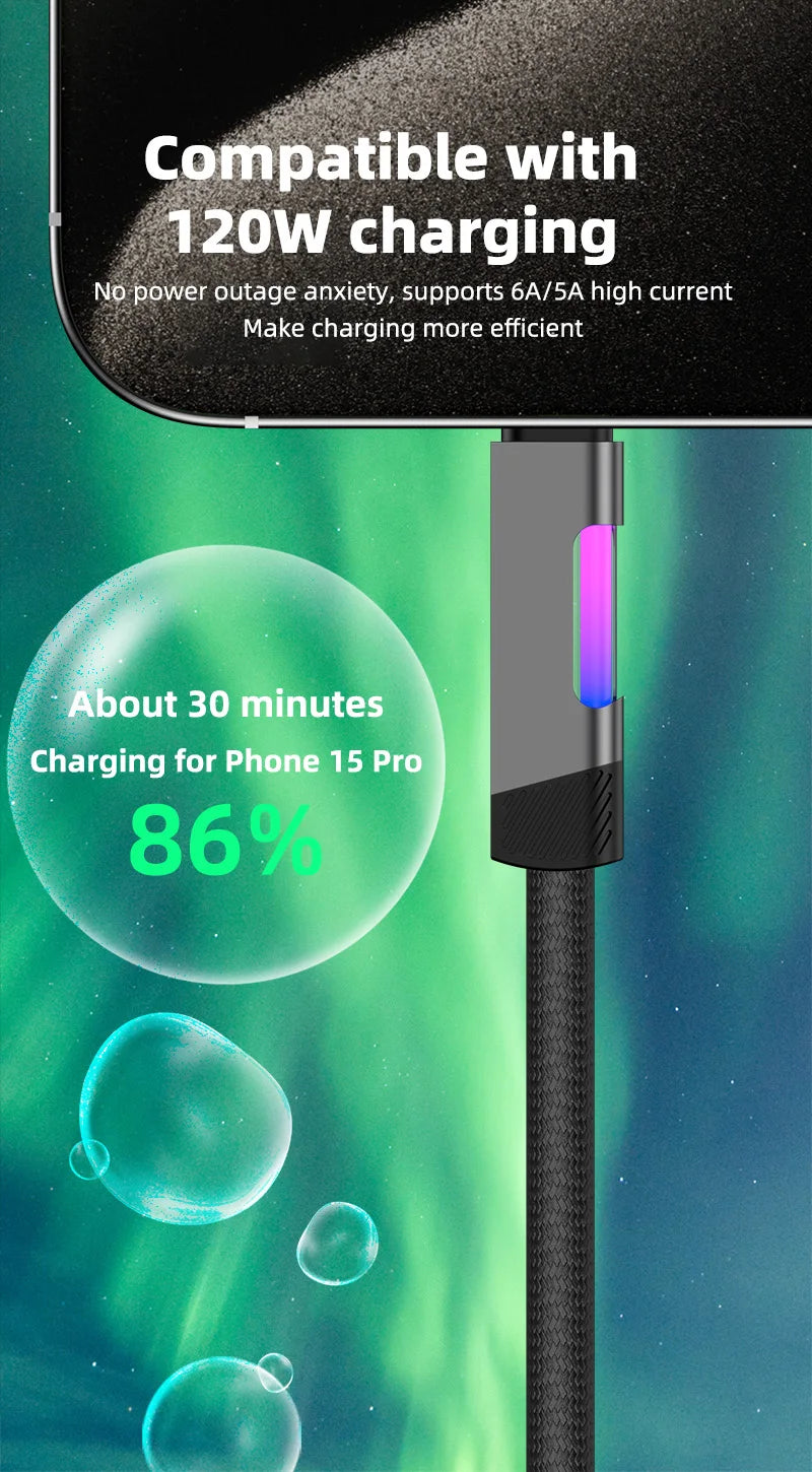 RGB Fast Charging Cable 120W 6A USB Type