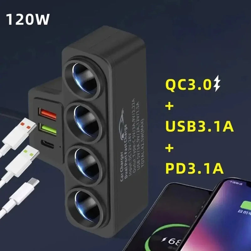 120W Multi-Function Charger USB/Type C Fast Charging Can Charge Multiple Devices At The Same Time, One Tow And Four Car Chargers