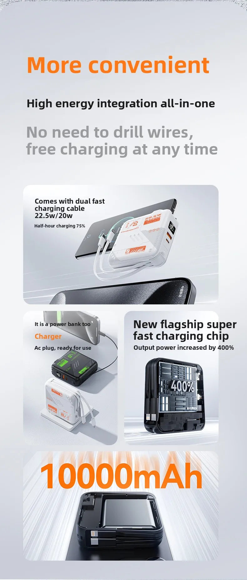 20000mAh Large-capacity Power Bank,super Fast Charging,self-contained Plug, Built-in Cable, Compact Portable Mobile Power Supply