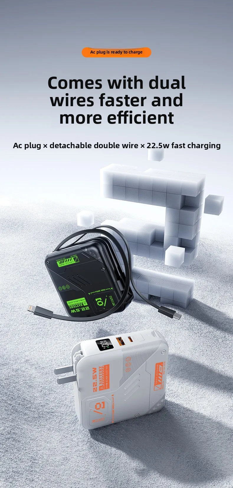 20000mAh Large-capacity Power Bank,super Fast Charging,self-contained Plug, Built-in Cable, Compact Portable Mobile Power Supply