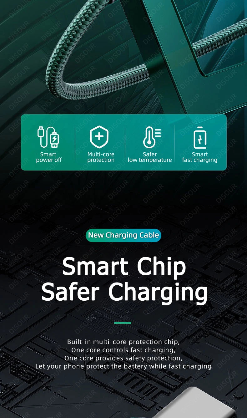 100W Smart Auto-Pow off Charging Cable USB C Braided Wire Fast Charging Cable With LED Breathing Light Durable & Safe Data Cable