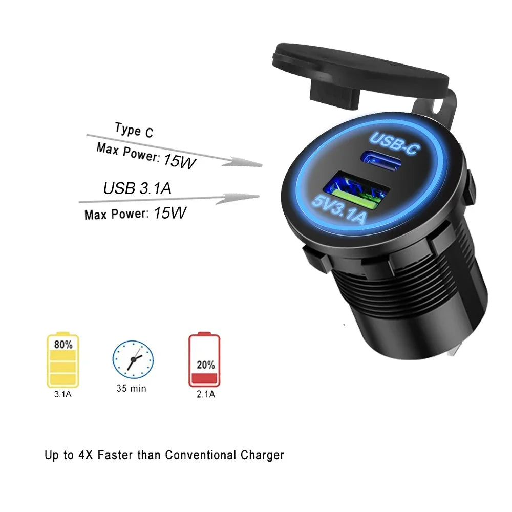 Universal Motorcycle Car Charger LED Light USB TYPE-C