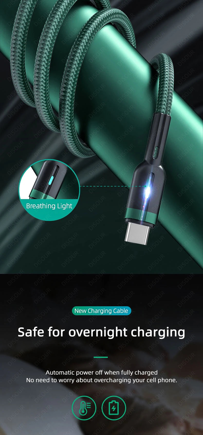 100W Smart Auto-Pow off Charging Cable USB C Braided Wire Fast Charging Cable With LED Breathing Light Durable & Safe Data Cable