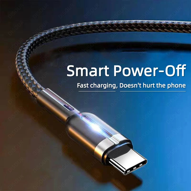 100W Smart Auto-Pow off Charging Cable USB C Braided Wire Fast Charging Cable With LED Breathing Light Durable & Safe Data Cable
