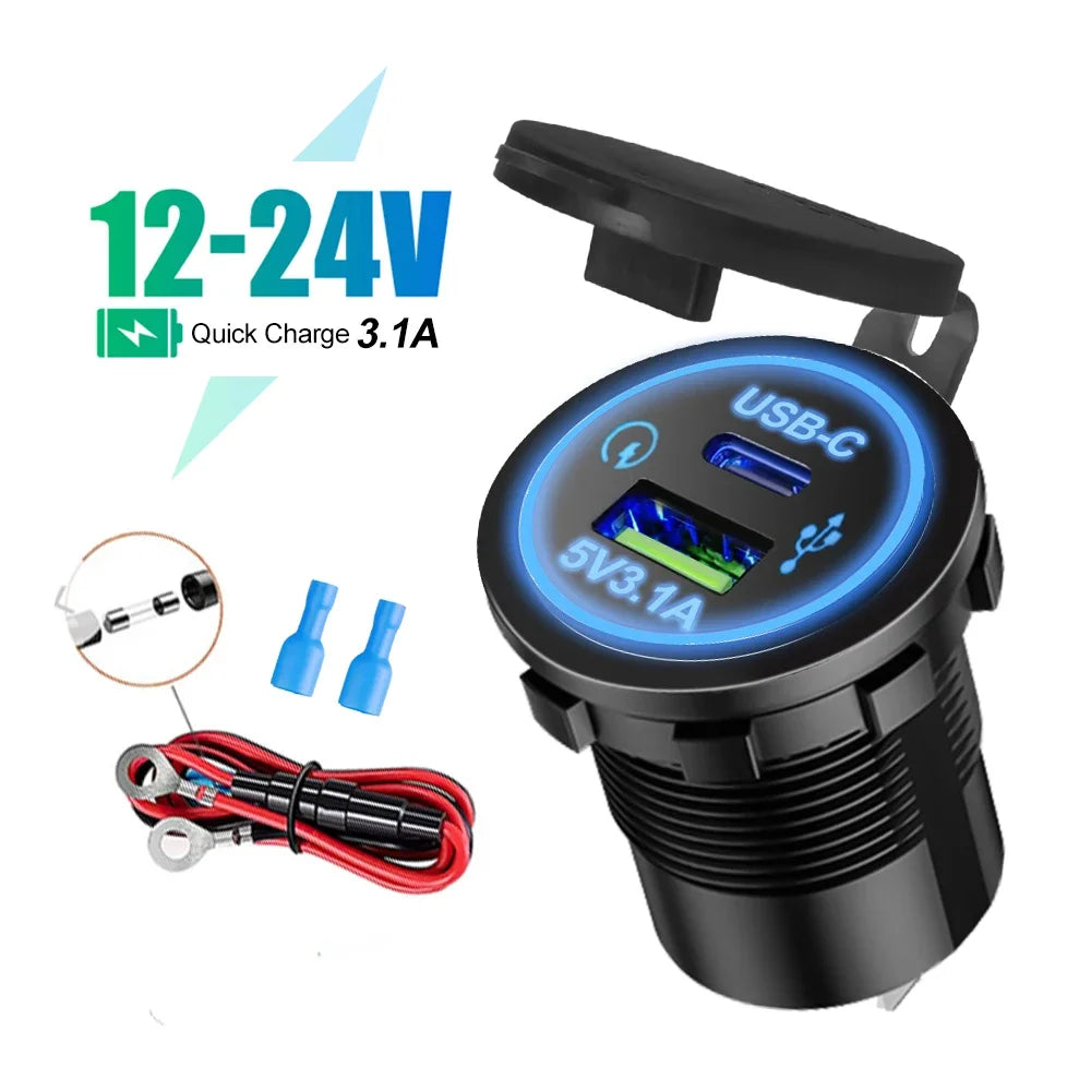 Universal Motorcycle Car Charger LED Light USB TYPE-C