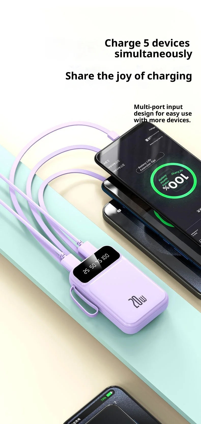 Power bank comes with 20000 mAh large capacity