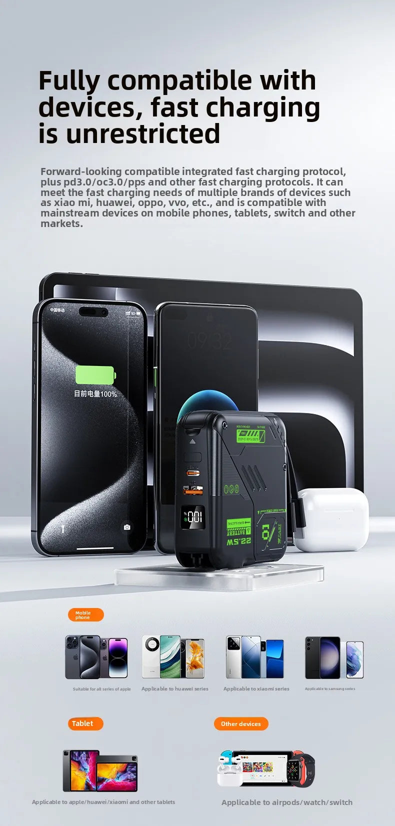 20000mAh Large-capacity Power Bank,super Fast Charging,self-contained Plug, Built-in Cable, Compact Portable Mobile Power Supply