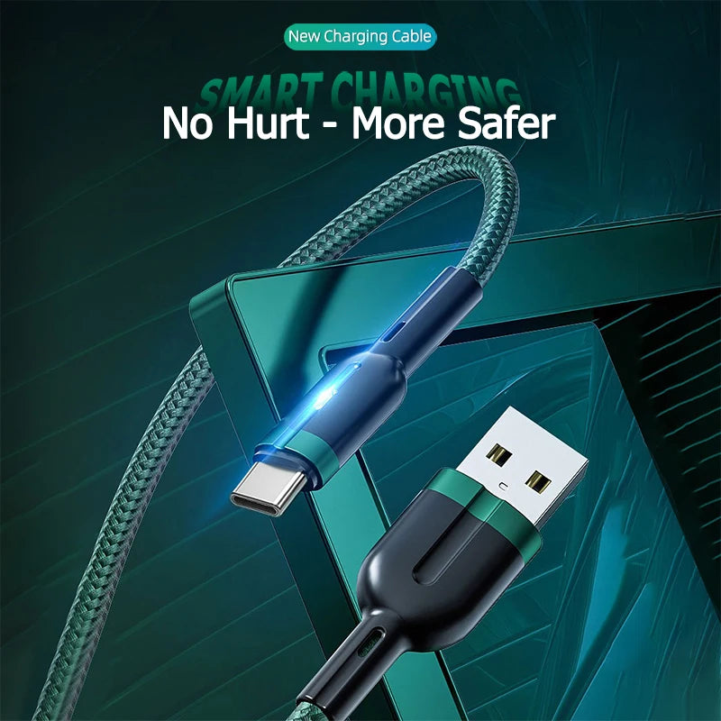 100W Smart Auto-Pow off Charging Cable USB C Braided Wire Fast Charging Cable With LED Breathing Light Durable & Safe Data Cable
