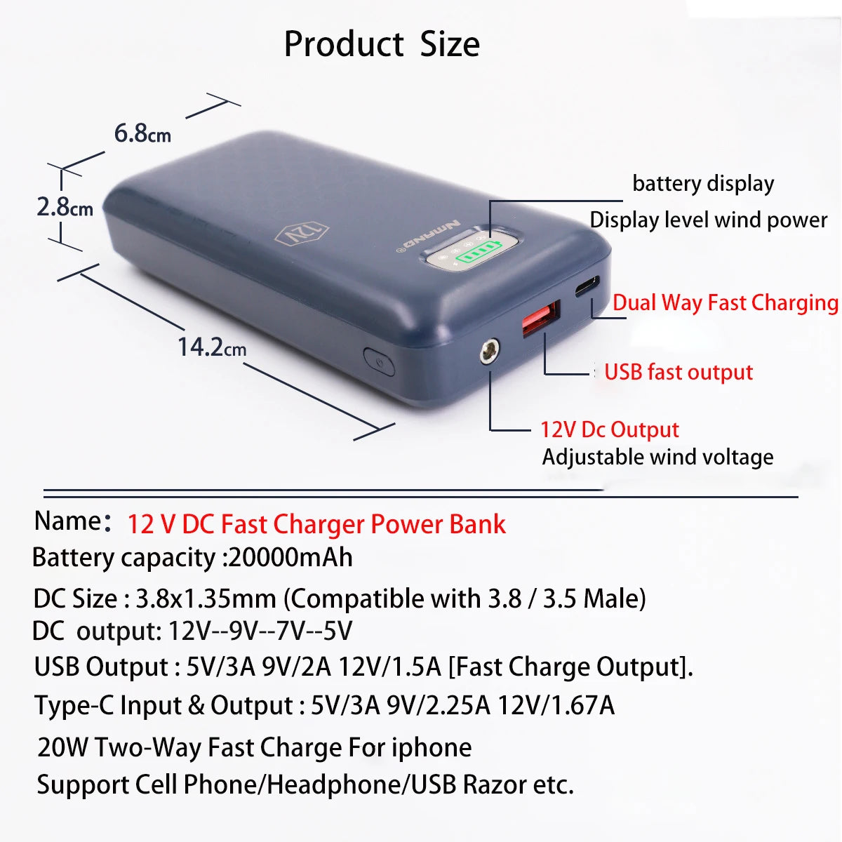 Power Bank 12V 20000mAh digital display Fast Charging
