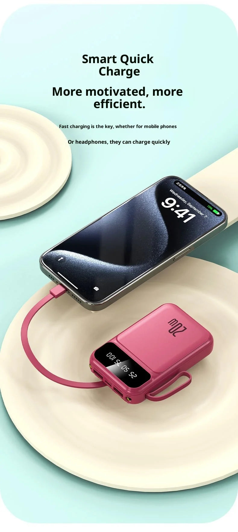 Power bank comes with 20000 mAh large capacity