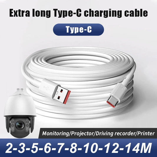 Ultra-long Type-C charging cable is suitable for monitoring the driving recorder printer USB extended power cord 3M 5M 10M