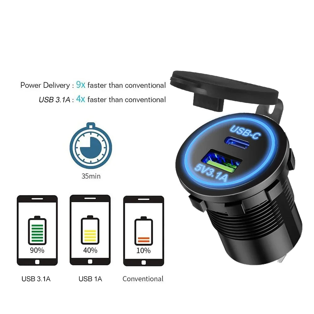 Universal Motorcycle Car Charger LED Light USB TYPE-C