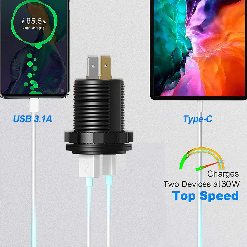 Universal Motorcycle Car Charger LED Light USB TYPE-C