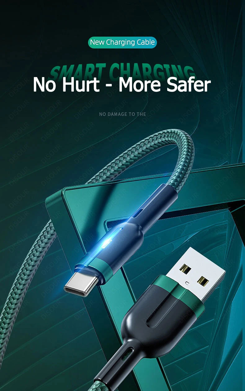 100W Smart Auto-Pow off Charging Cable USB C Braided Wire Fast Charging Cable With LED Breathing Light Durable & Safe Data Cable