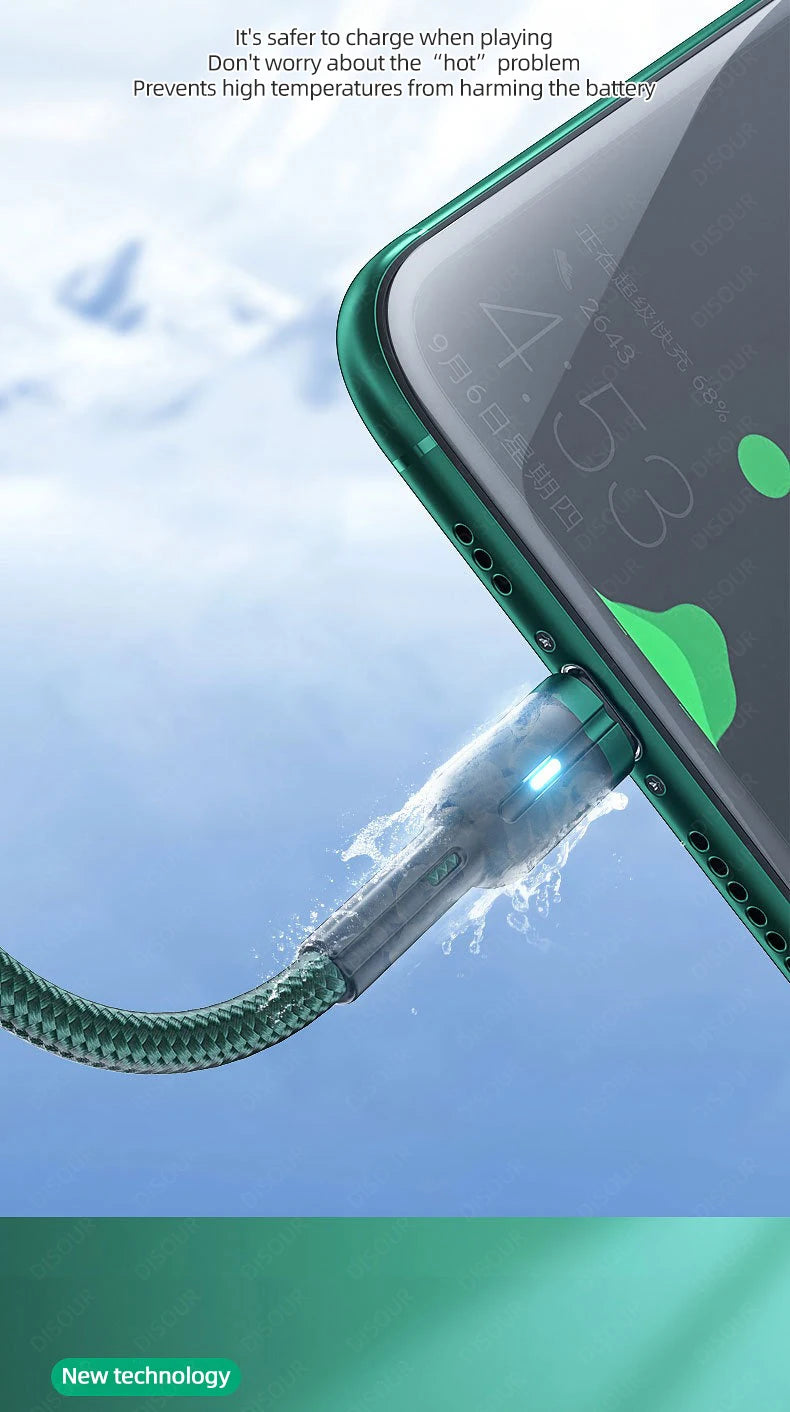 100W Smart Auto-Pow off Charging Cable USB C Braided Wire Fast Charging Cable With LED Breathing Light Durable & Safe Data Cable