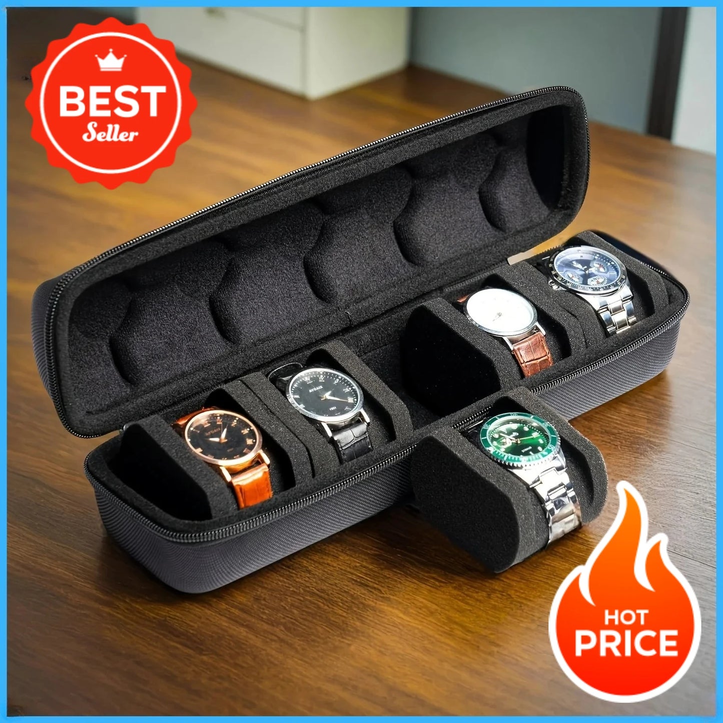 1pc 5-Slot Watch Case | Hard Shell Travel Organizer with Pillow Insert - Gift Ready (Black),suitable for smart watch storage