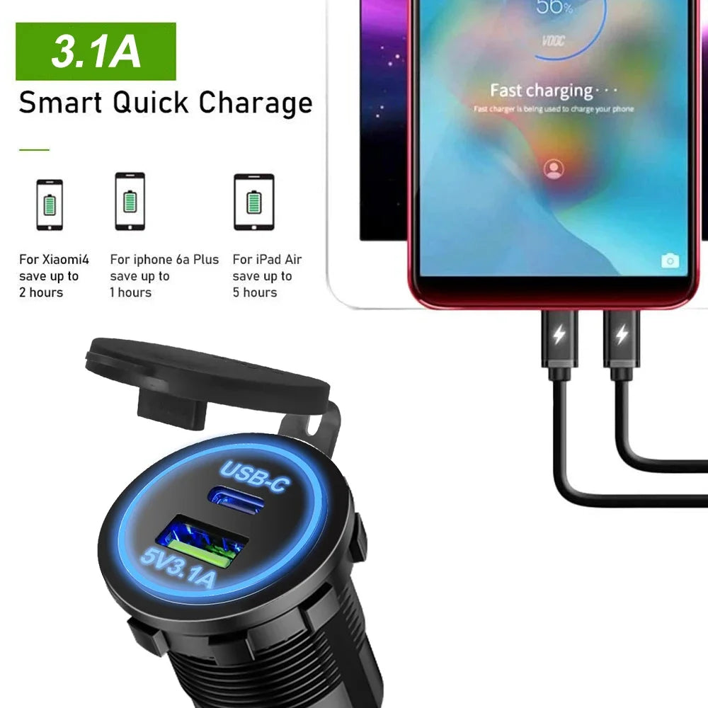 Universal Motorcycle Car Charger LED Light USB TYPE-C