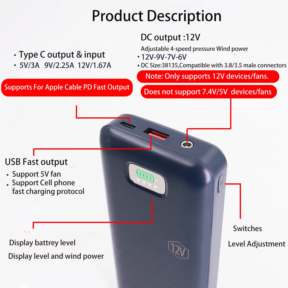 Power Bank 12V 20000mAh digital display Fast Charging