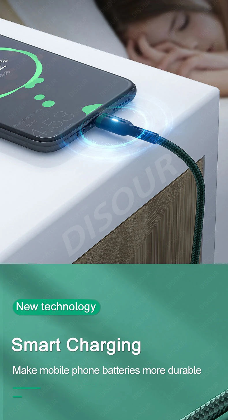 100W Smart Auto-Pow off Charging Cable USB C Braided Wire Fast Charging Cable With LED Breathing Light Durable & Safe Data Cable