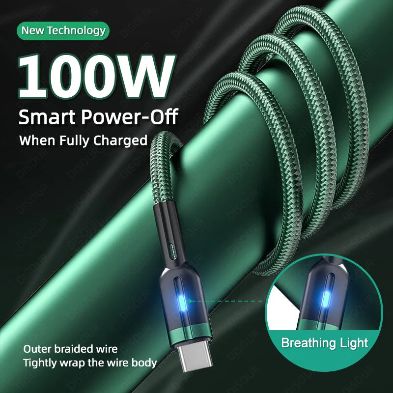 100W Smart Auto-Pow off Charging Cable USB C Braided Wire Fast Charging Cable With LED Breathing Light Durable & Safe Data Cable