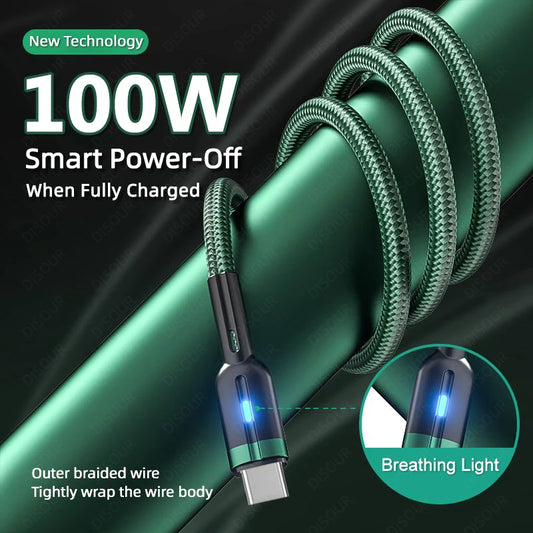 100W Smart Auto-Pow off Charging Cable USB C Braided Wire Fast Charging Cable With LED Breathing Light Durable & Safe Data Cable